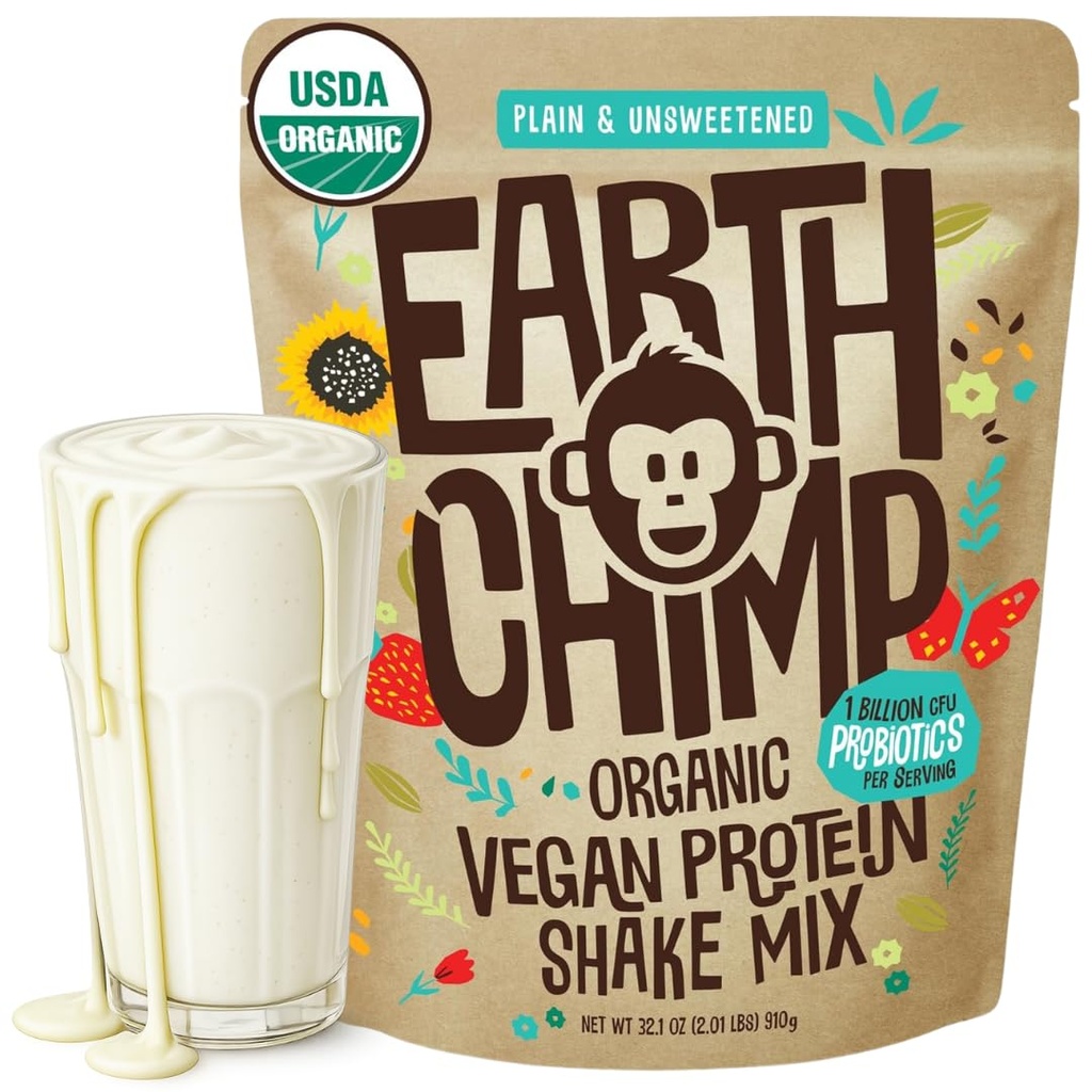 EarthChimp Organic Vegan Protein Powder - s probiotiki - brez GSO, brez mleka, brez sirotke, na rastlinski osnovi Protein Powder za ženske in moške, Gluten Free - 26 Servings 32 Oz (Plain & Nesladkan)