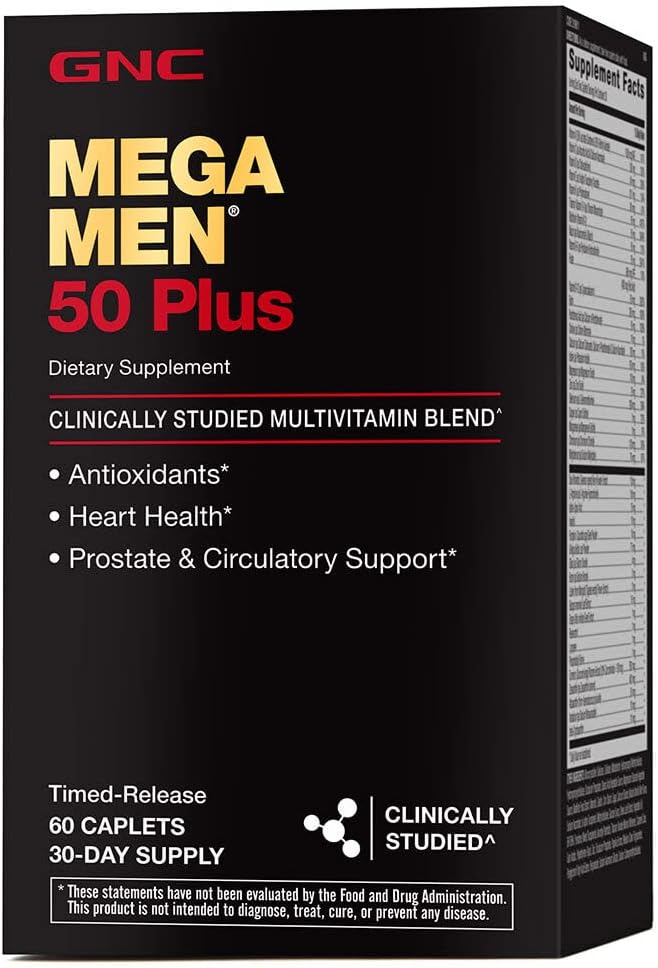 GNC Mega Men 50 Plus Multivitaminski kapleti, klinično dokazano, zdravje srca in prostate, vitamini B, žaga Palmetto, spomin, vitamin D-3, 60 štev.