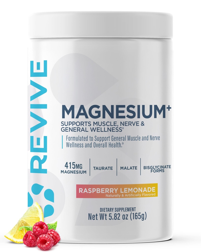 Revive MD Magnezij v prahu dodatek - Magnezijev karbonat in taurat v prahu pijača podpira zdrave kosti, mišice, & živci - Vegansko-prijateljski, Gluten-free & Soy-free (Raspberry Lemonade, 30 Servings)