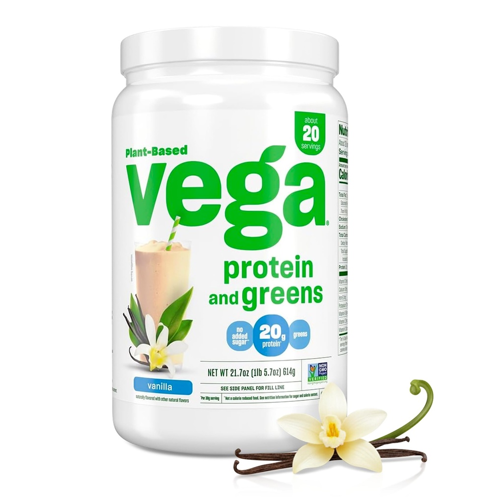 Vega proteini in zeleni proteini v prahu, Vanilla - 20g rastlinski osnovi proteini Plus vegetarijanci, Vegani, ne GSO, Pea proteini za ženske in moške, 21,7 Ounce (Packageing May Vary)