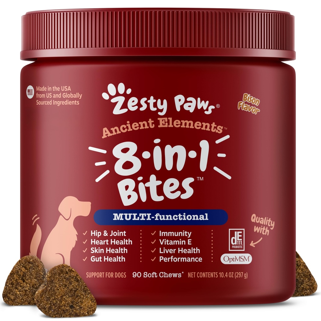 Zesty Paws Dog Multivitaminski, žvečljivi pasji vitamini in dodatki za Hip & Joints, koža & Coat, Omega 3 ribje olje za pse- Senior & Puppy Multivitamin - Bison- 90ct