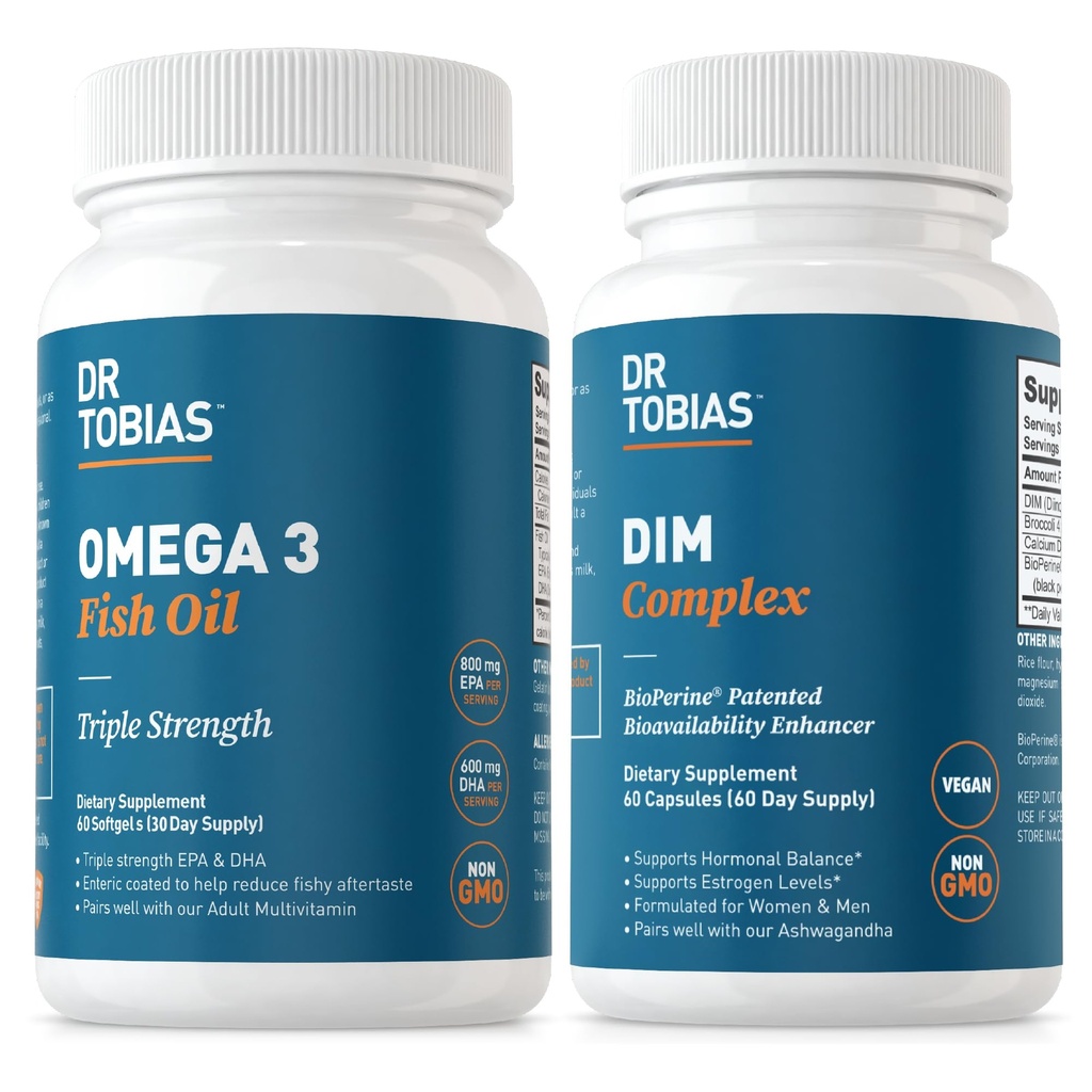 Dr. Tobias Omega 3 Ribje olje in DIM kompleksne dodatke, podpira srce, delovanje možganov imunskega sistema in hormonsko ravnovesje za ženske in moške z BioPerin, Borccoli ekstrakt in kalcijev D-glukarat, 60 kapsul