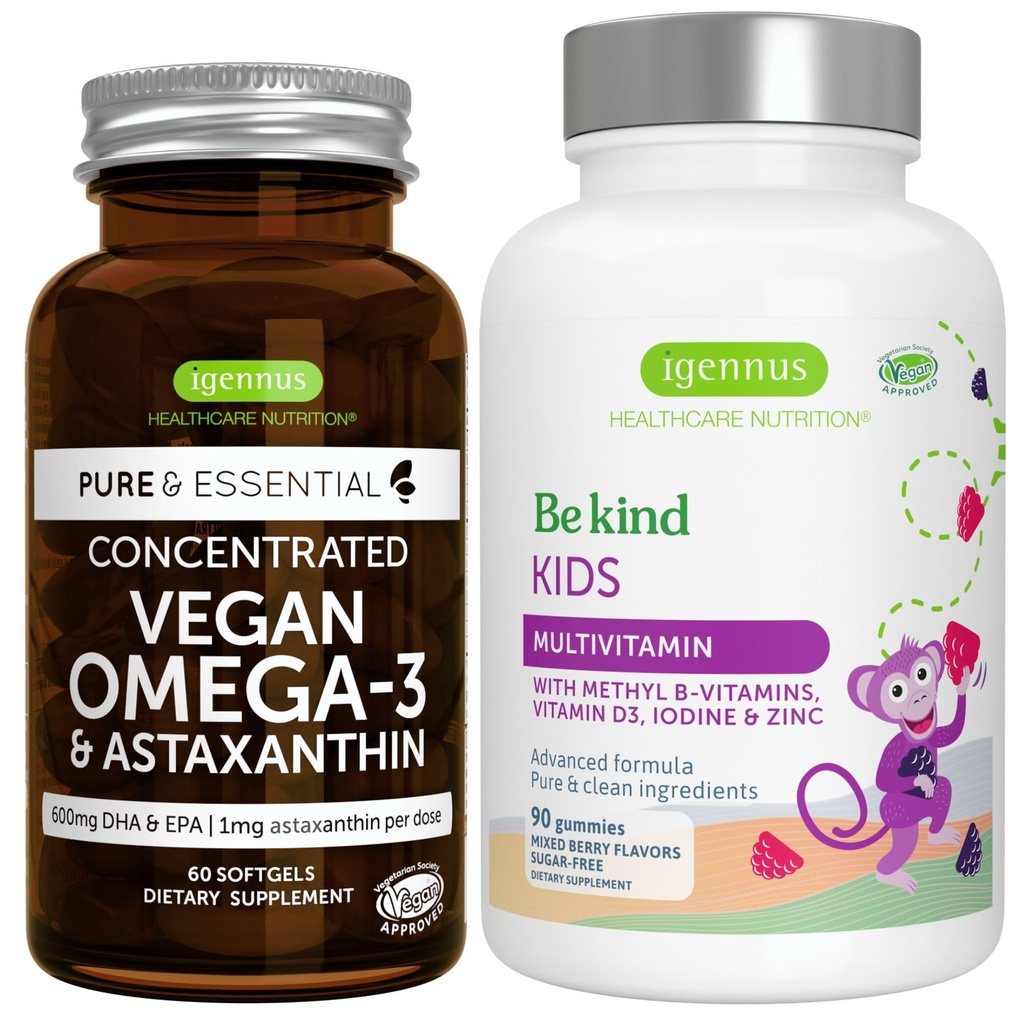 Vegansko Omega-3 Algae olje + Napredni otroci Multivitaminski Gummy Bundle, Visoka koncentracija DHA & EPA + Vitamin A, B, C, D3 & E, Čiste sestavine 60 Softgels + 90 Berry Flavor Gummies, by Igennus