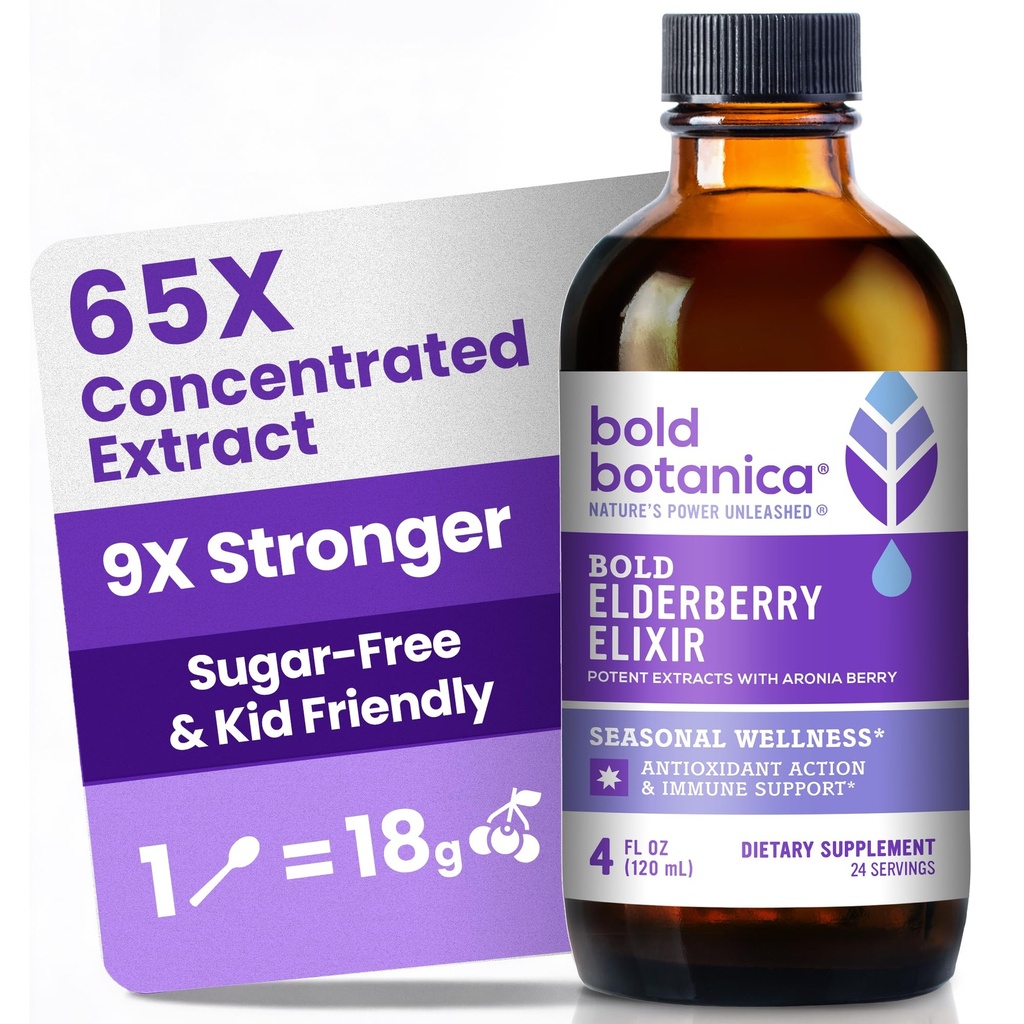 Bold Botanica Elixir – 65x Koncentriran ekstrakt - Sugar-free - Kid Friendly - Black Elderberry Sirup z Aronio Berry za imuno podporo - 4 Fl. Oz.