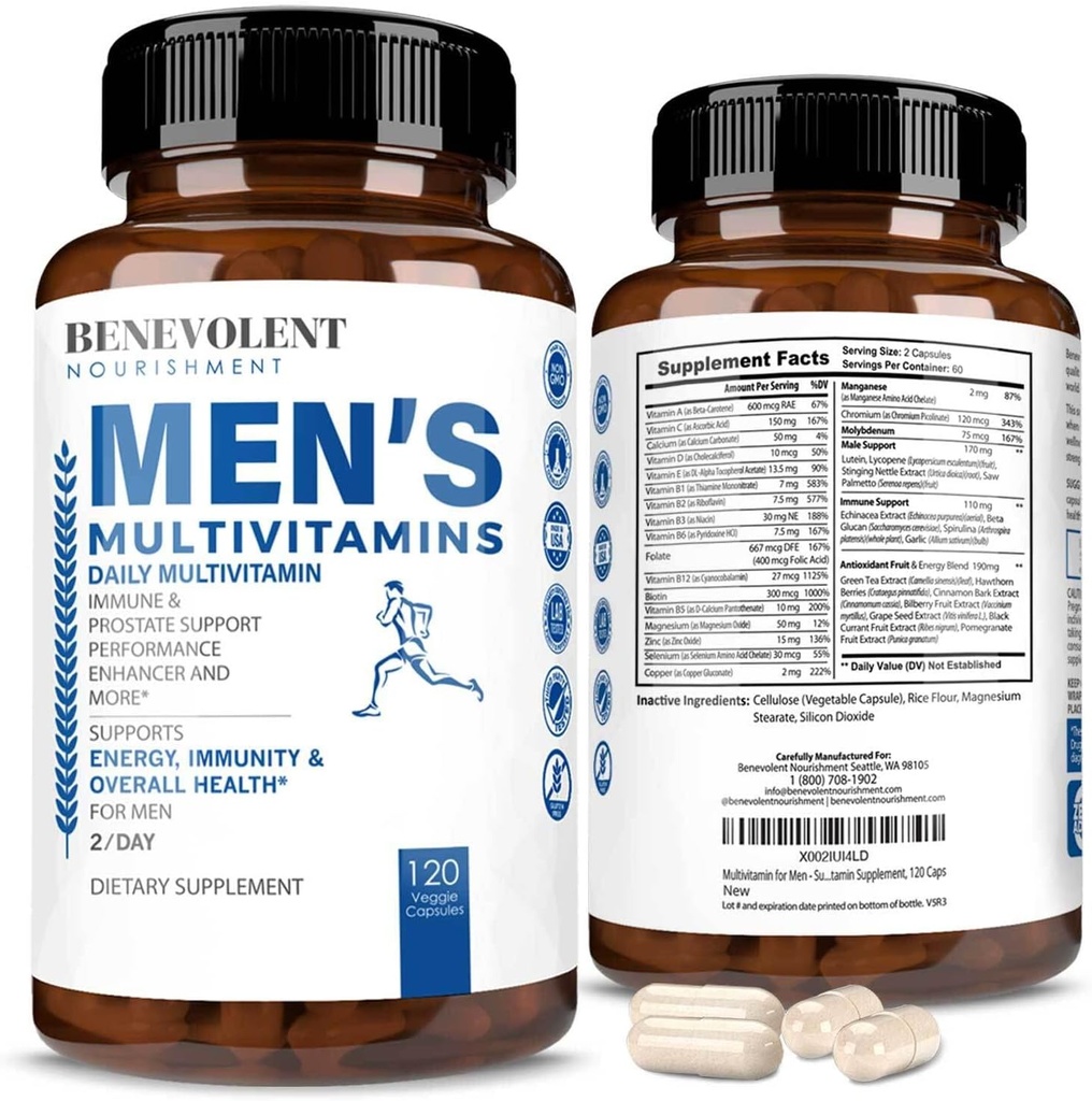 Ugodni negovalni multivitaminski pripravki za moške - podpira energijo in splošno zdravje - Essential Daily Vitamini za moške, Biotin, Magnezij, cink in antioksidant za imuno zdravje - Non-GMO,120 Caps