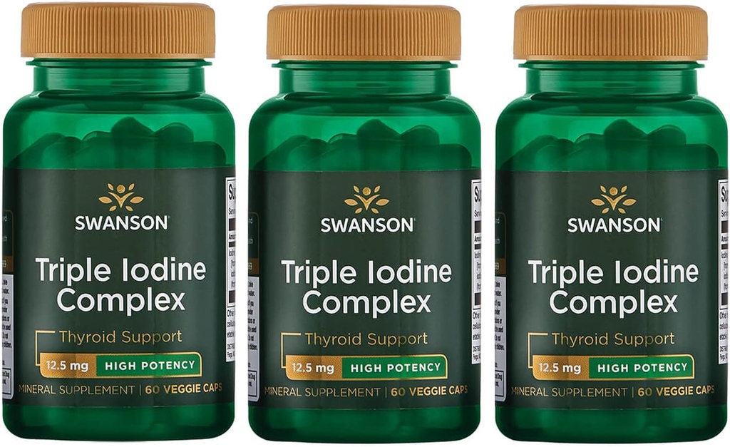 Swanson Triple Jodine Complex-Fizional Supplement for Vital Thyroid Support-Promotes Metabolic funkcijo, povečanje proizvodnje rdečih krvnih celic, in zdravje srca-(60 Veggie kapsule, 12,5mg vsak) (3 pakiranje)