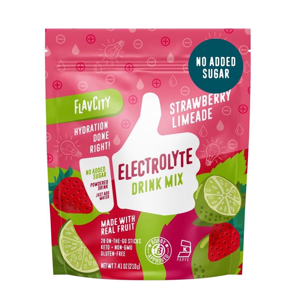 FlavCity Jagoda Limete Electrolytes Powder Packets - 28 Hydration Packets - Brez dodanega sladkorja - Hidracija v prahu s pravim sadjem in nerafinirano morsko sol - Keto & Gluten-free (28 Packs)