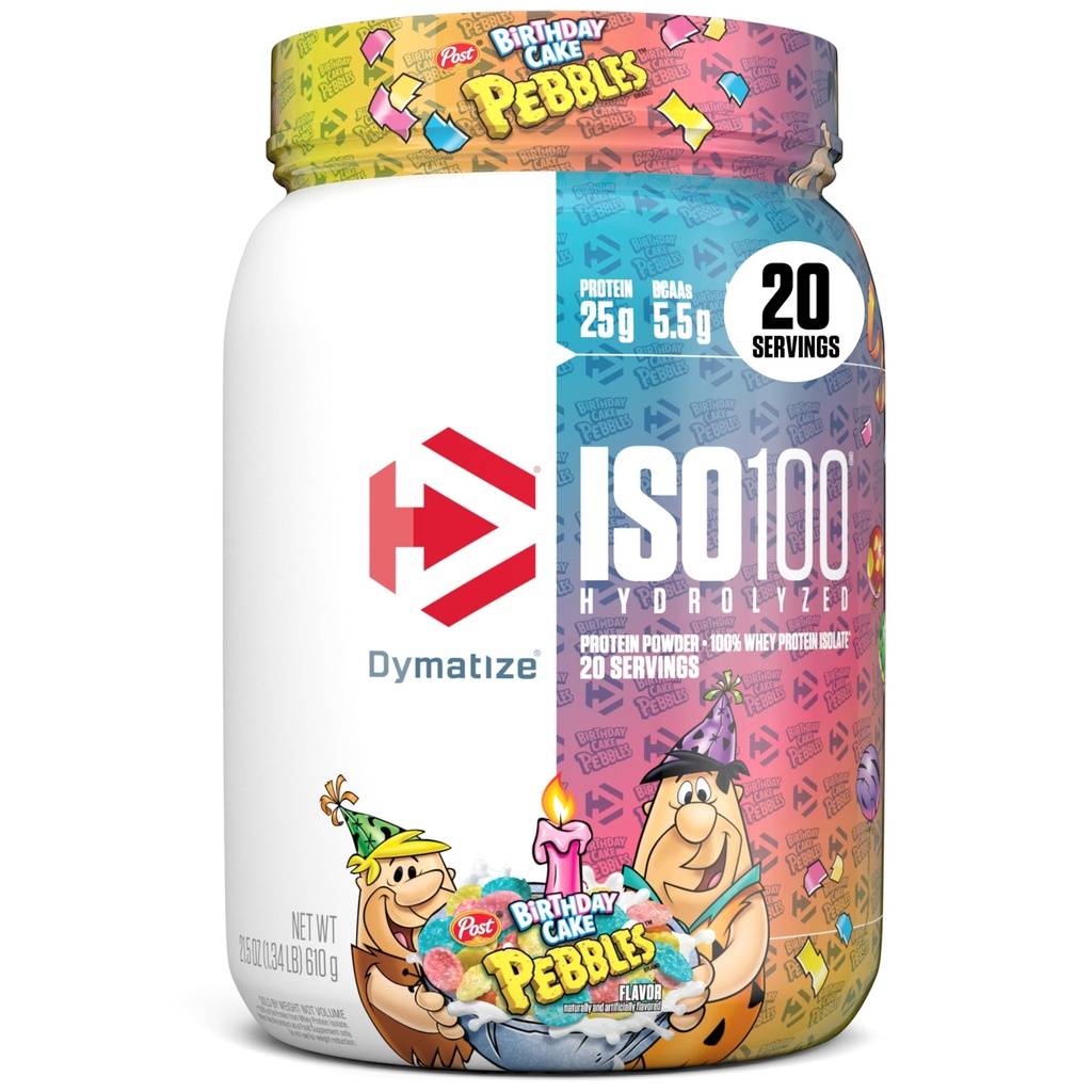 Dymatize x Rojstni dan Cake Pebbles ISO100 Whey Protein Powder izolat, 25g beljakovin, 5,5g BCAA, 120 Cal., Gluten brez, 1g maščobe, 1g sladkorja, 2g ogljikovih hidratov (20 servingov)