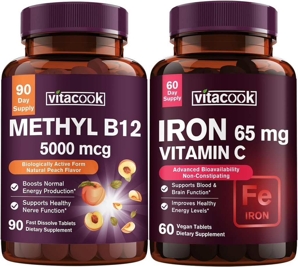 Železo in vitamin B12 paket, 5000 mcg B12, nič sladkorja, karbonil železo z vitaminom C, Nežen na želodec