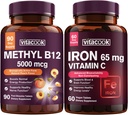 Železo in vitamin B12 paket, 5000 mcg B12, nič sladkorja, karbonil železo z vitaminom C, Nežen na želodec