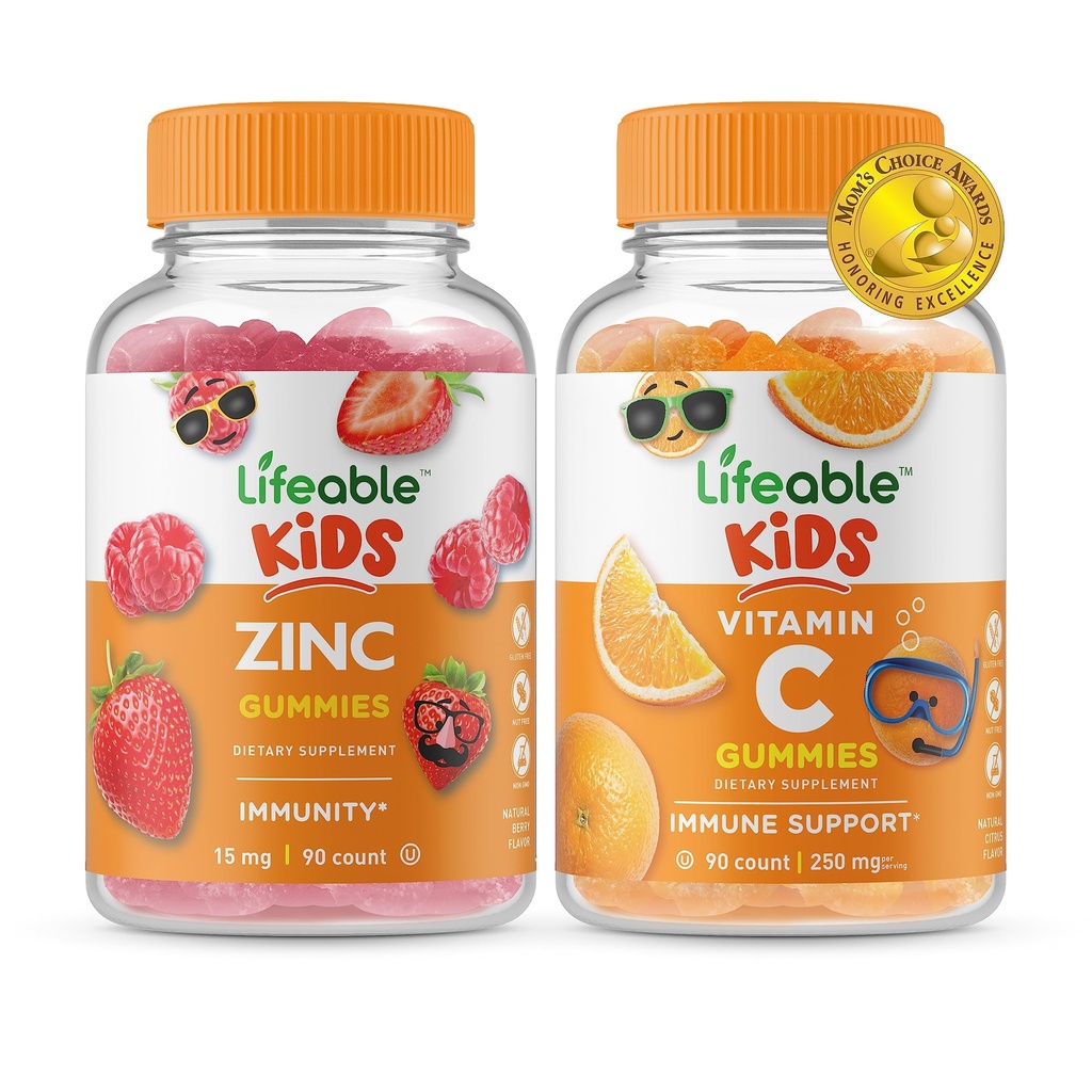 Življenjski cink Otroci + Vitamin C Otroci, Gummies Bundle - odličen okus, Vitamin dodatek, Gluten brezplačno, GSO brezplačno, Žvečljivi gumi