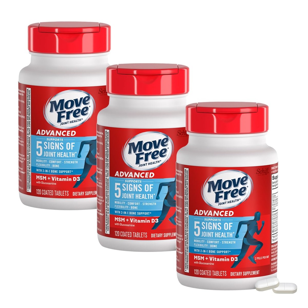 Move Free Advanced Glucosamine Chondroitin MSM + Vitamin D3 Skupna podpora dodatek, Podpira mobilnost Comfort Jakost Fleksibilnost in kosti + Imunsko zdravje - Tableta, 3x120ct steklenice (120 odmerkov)