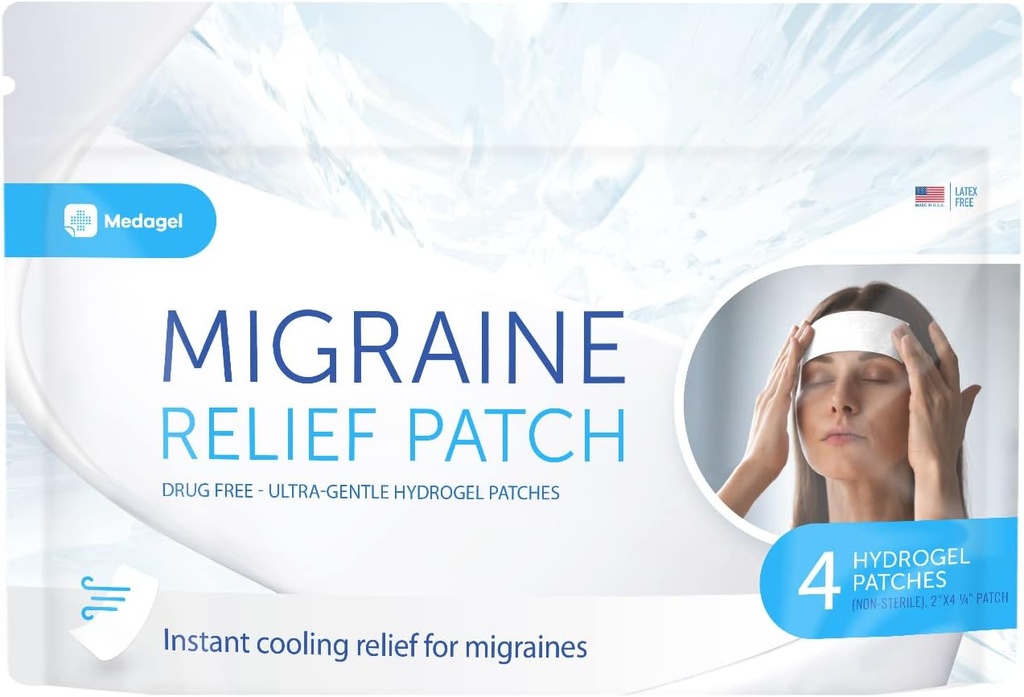 Migrena Relief Patch, Cooling obliži za migreno, zvišana telesna temperatura, hormon, & glavoboli, Mess & Odor-free Hydrogel hlajenje, Izdelano v ZDA, 1 pakiranje (4 x obliži) bela