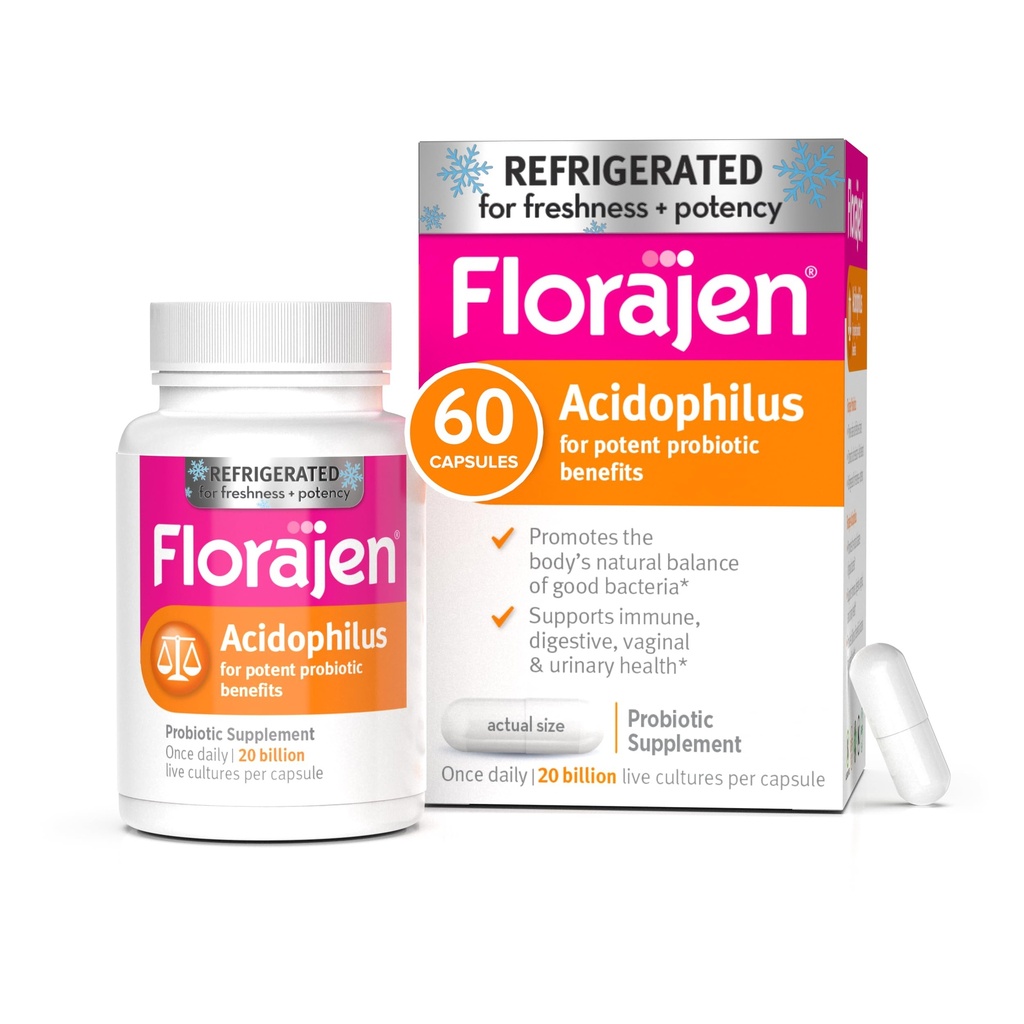 Florajen Acidophilus Visoka moč hlajenje podpira splošno zdravje, 20 milijard CFU za močne probiotične koristi, Unflavored, 60 Število