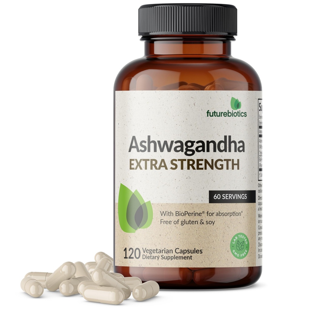 Futurebiotics Ashwagandha Extra Stress & Mood Podpora z BioPerine - Non GSO Formula, 120 Vegetarijanske kapsule