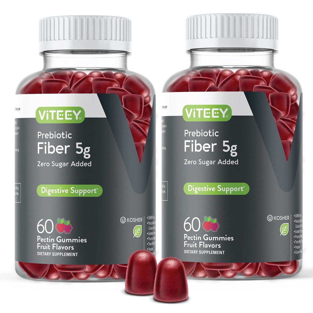 Viteey Prebiotic Fiber Gumies za odrasle, 5g - Gut Health & Digestive Toluble Fiber Supplement Gumies - Nič sladkor doda, Vegan, Gluten-free - 120 Count