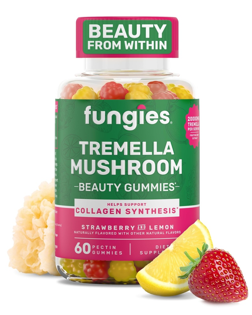Fungije Tremella gobe Gummies, mešane jagode in limone aroma - goba zeliščni dodatek Gummi za odrasle Podpira kolagen sinteze, zdrave kože in zdravo staranje - Lepotni gumiji 60 Servisi