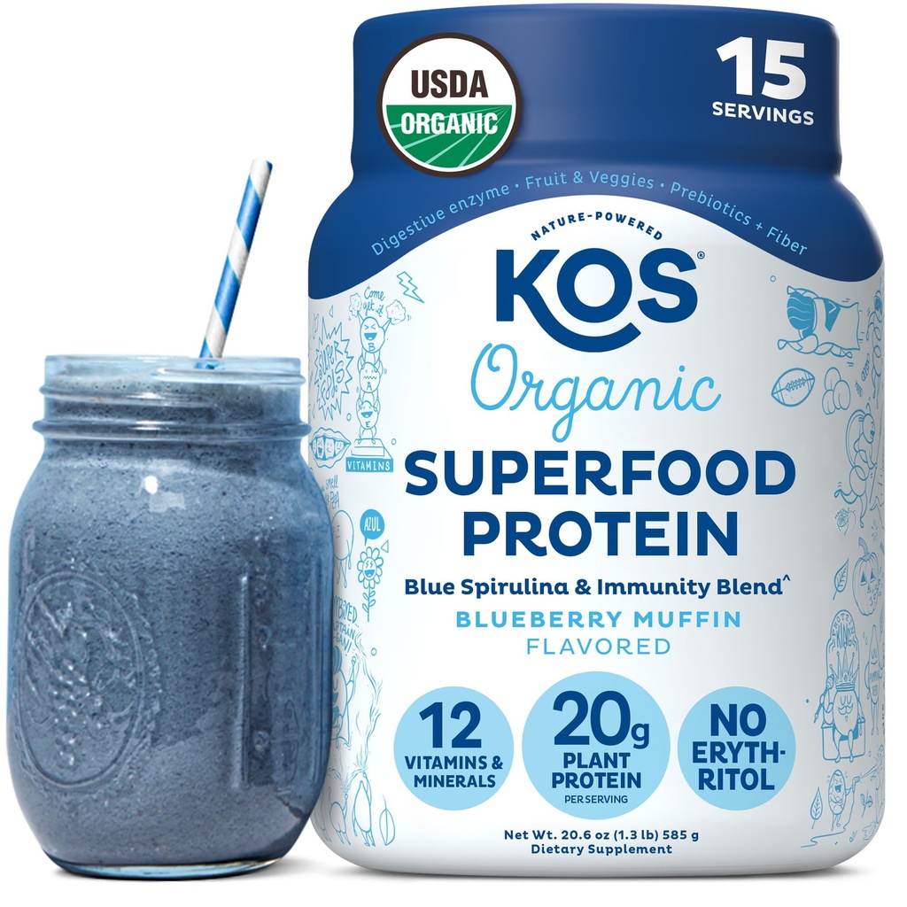 Beljakovine na osnovi KOS Protein Powder, Borovničev Muffin - Organic Pea Protein Superfood s Spirulina in Imunska podpora Mešanica. Soja, Gluten, Dairy Free - Veganska hrana zamenjava za ženske in moške - 15 Služabnikov