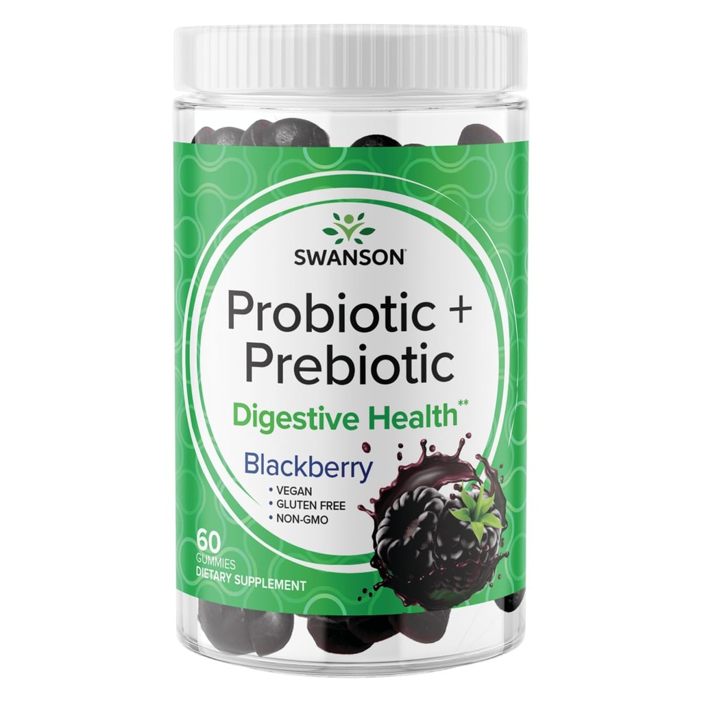 Swanson Probiotic + Prebiotic Gummies - Prebavna podpora dodatek spodbujanje Prebavne funkcije & kost regularnost - pomaga pri podpiranju imunskega zdravja - (BlackBerry, 60 Gummies)