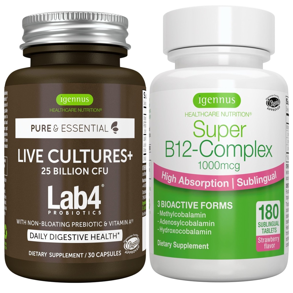 Žive kulture+ Lab4 probiotiki + Super B12-kompleks, veganski paket, 25 milijard CFU Lactobacillus Acidophilus in Bifidobacterium + visoka absorpcija Podjezična B12, ki jih Igennus