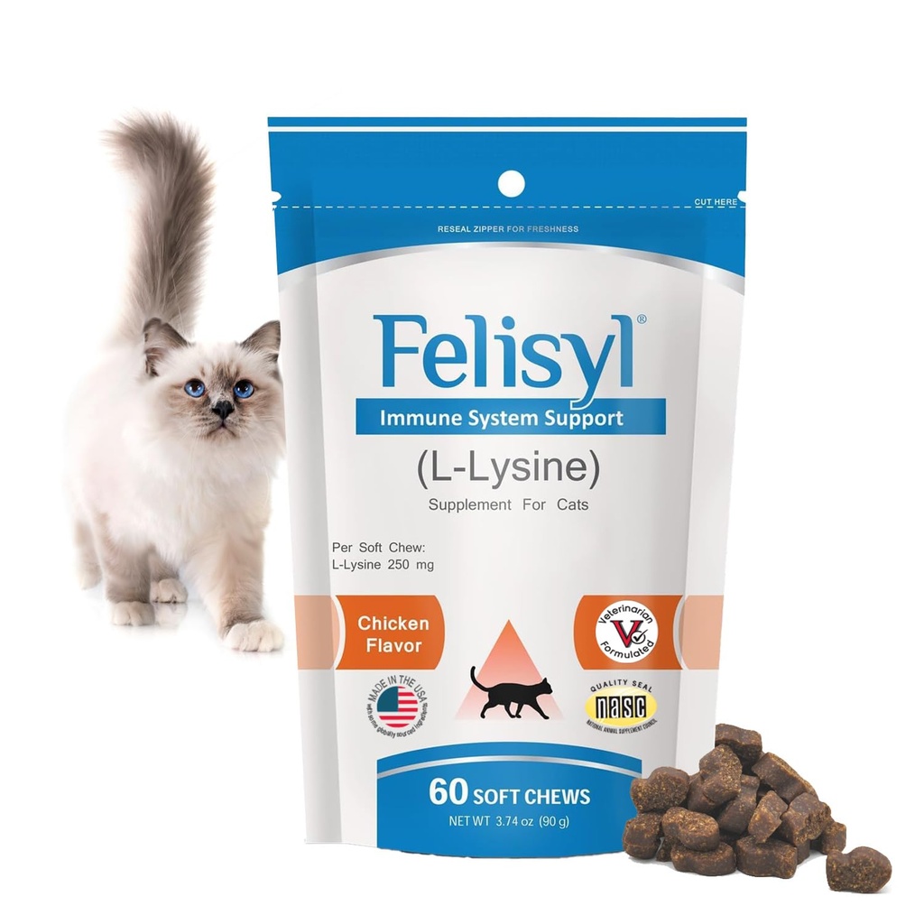 Felisyl Imunski sistem Podpora mačkam - Aminokislina L-Lysine - Proizvajajo protitelesa - zdravo tkivo, zdravje dihal, vid - 60 mehkih žvečil