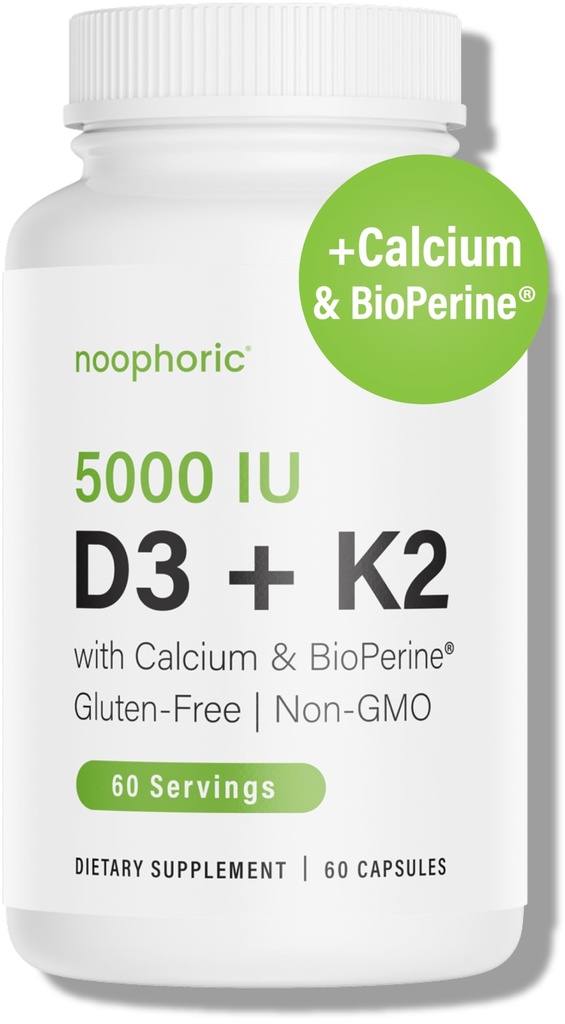 Nooforični D3 K2 vitamin 5000 i.e. - vitamin K2 100 mcg MK7, kalcij, bioperin - dodatek za zdravje kosti in imunosupresijo - Gluten-free, Non-GMO - Vitamin D3 K2 dodatek (60 strežb)