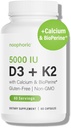 Nooforični D3 K2 vitamin 5000 i.e. - vitamin K2 100 mcg MK7, kalcij, bioperin - dodatek za zdravje kosti in imunosupresijo - Gluten-free, Non-GMO - Vitamin D3 K2 dodatek (60 strežb)