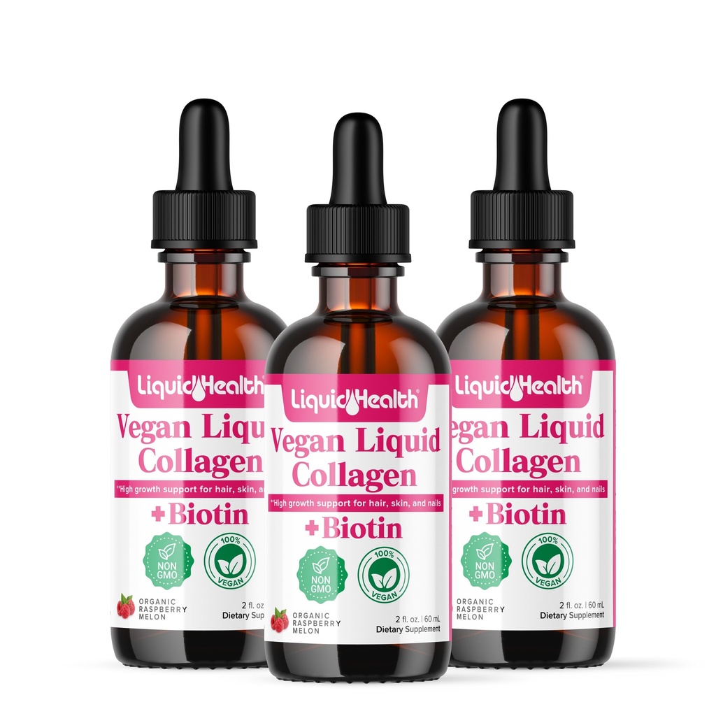 LIKVIDHEALTH 100% Vegan Collagen Plus Biotin 100.000mcg Tekoče kapljice - na rastlinah osnovan tekoči kolagen za ženske in moške - rast las in nohtov, zdravje kože, povečanje presnove - Izdelano v ZDA, Non-GMO (3 Pack)