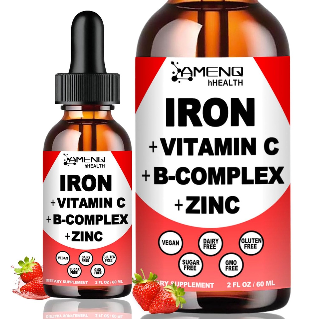 Tekoči železovi dodatki w/vitamin C, A, B-kompleks, Veganske železove kapljice Visoka moč Tekoči vitamin in železovi dodatki za ženske, moške in otroke -Podpora rdeče krvne celice, energija, anemija in utrujenost