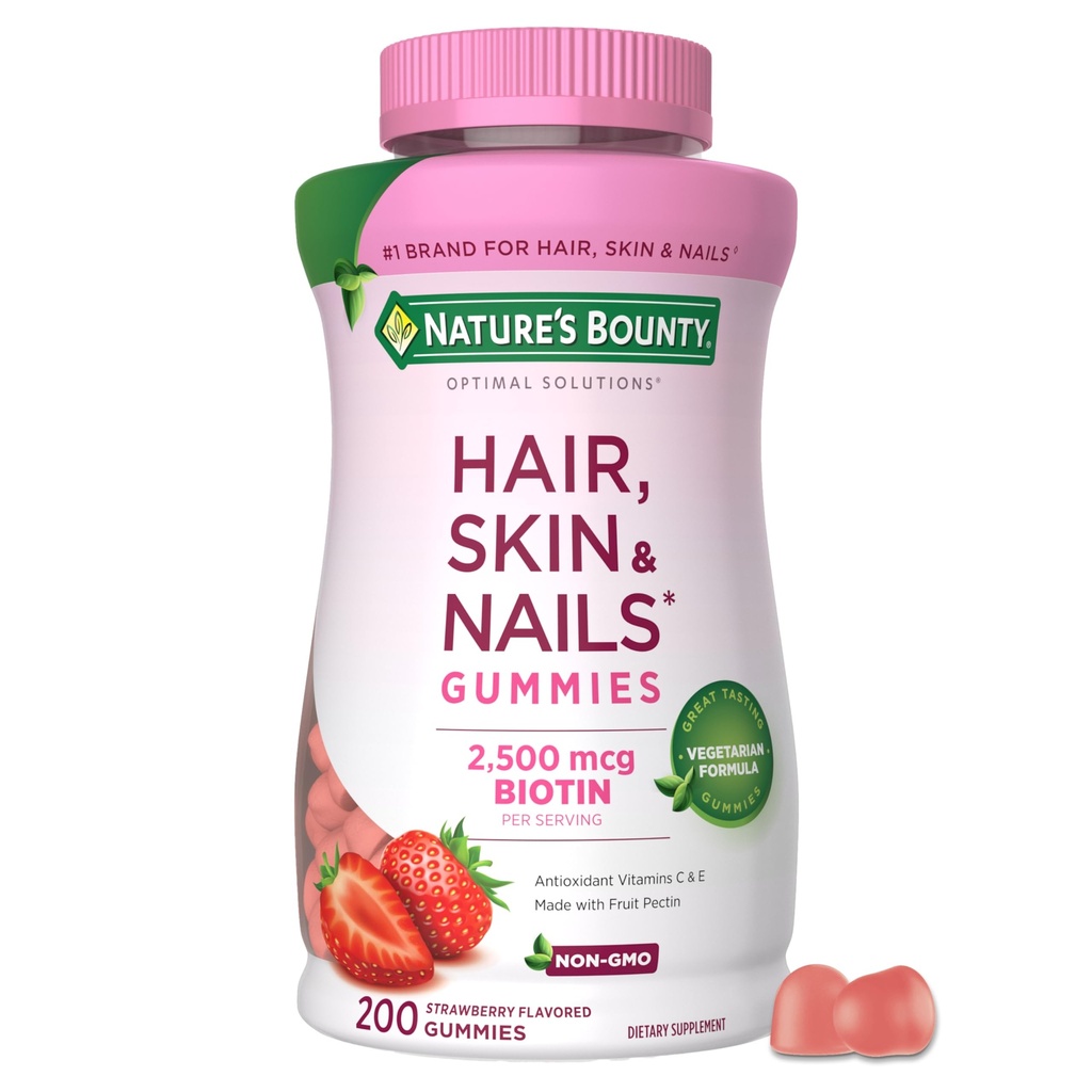 Narava Bounty Optimalne rešitve Lasje, kože in nohti pektin Gumies, 2500 mcg Biotin na strežbo, No Stick Gummy, Vegetarian Formula, Jagodna aroma, 200 štetje, 100 Total Servings