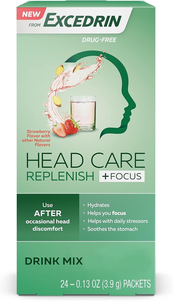 Excedrin Head Care Replenish Plus Focus from Excedrin Drink Mix with Electrolytes, L-Theanin, Ginger and Caffeine for Head Health Support - 24 paketov