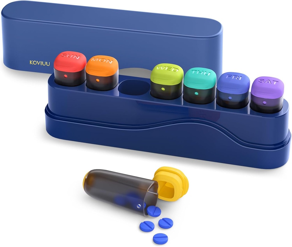 Tedenske tablete Organizator 1 Čas na dan, KOVIU Odstranljive tablete Box 7 dan, Prenosne potovalne tablete Primer, Enkrat dnevno Medication Container Imetnik, Tedenske tablete Dispenser za vitaminske medicine dodatek, modra