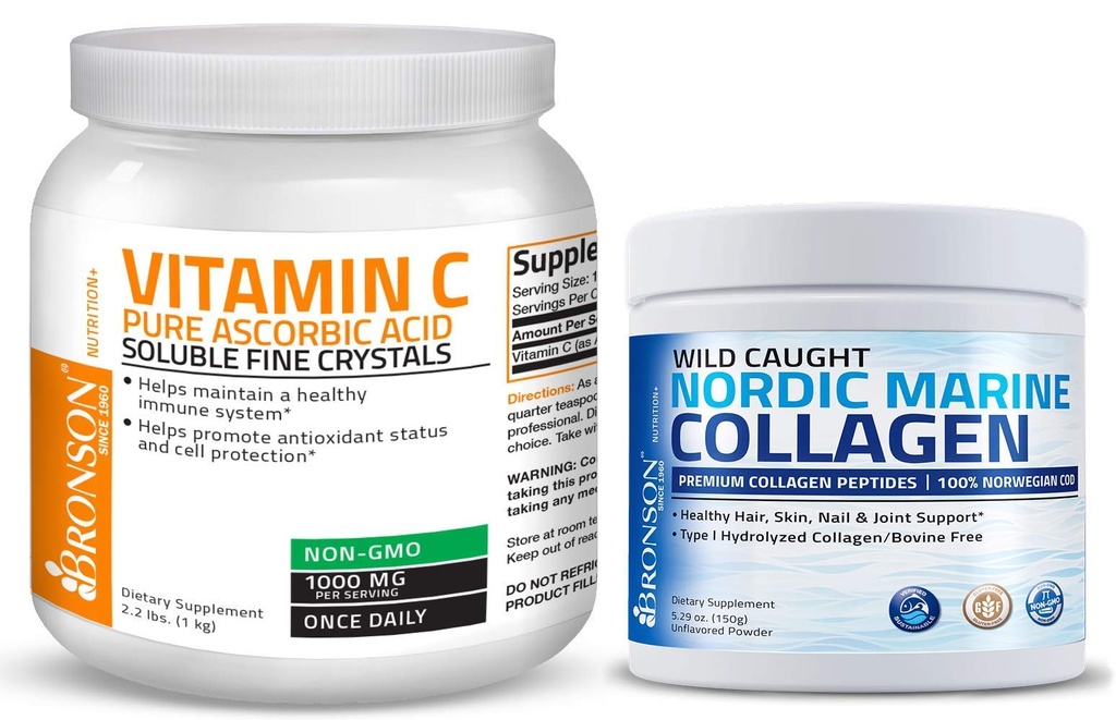 Bronson Marine kolagen peptidi hidrolizirani proteini v prahu 100% Wild Catcht Nordic Cod Vitamin C v prahu Čista askorbinska kislina topen fini ne gensko spremenjeni kristali