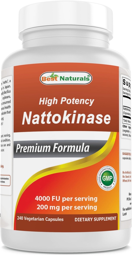 Best Naturals High Potency Nattokinase 4000 FU na serviranje/ 200 mg na serviranje, 240 Vegetarainove kapsule. Brez glutena.