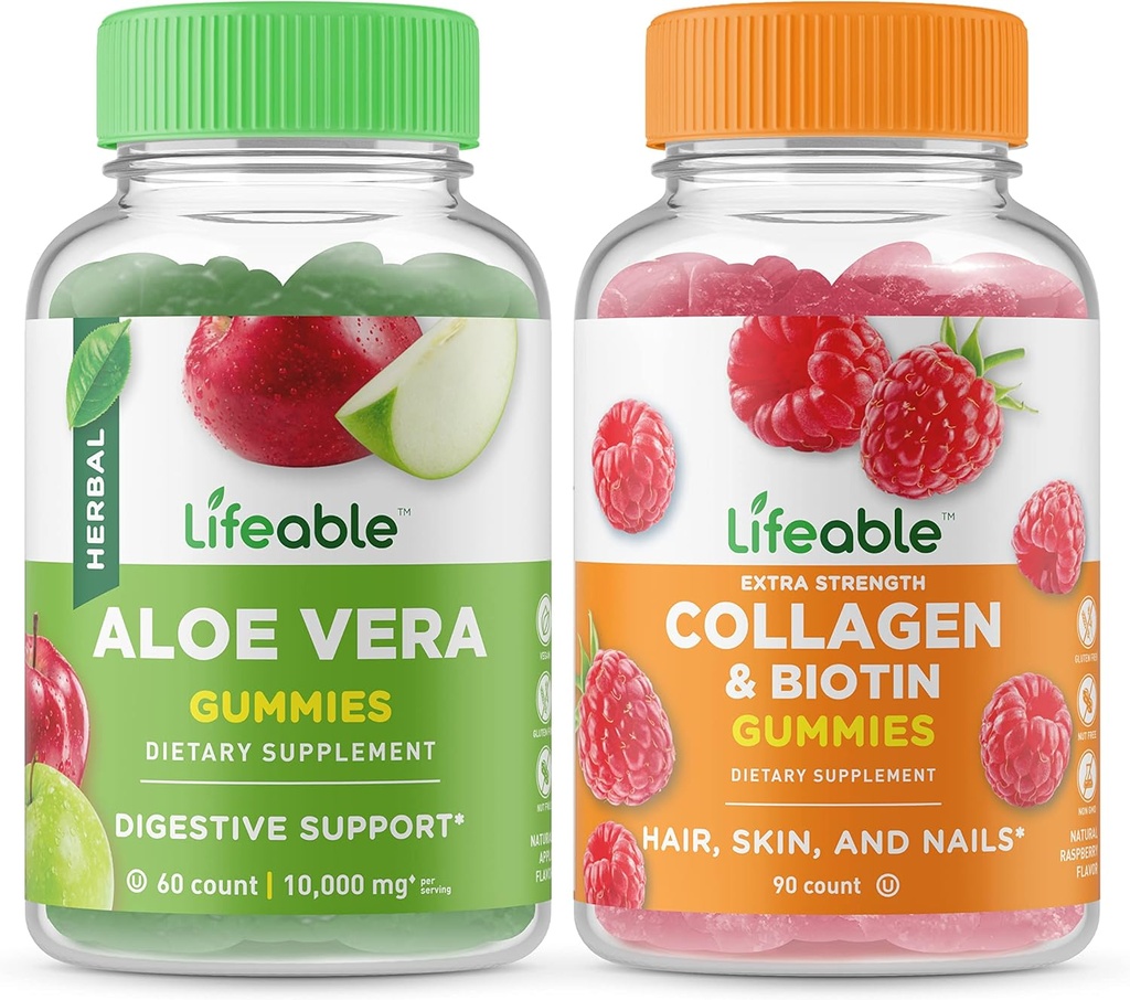 Življenjska Aloe Vera + Collagen & Biotin, Gummies Bundle - odličen okus, vitamin dopolnilo, Gluten brezplačno, GSO brezplačno, žvečljivo