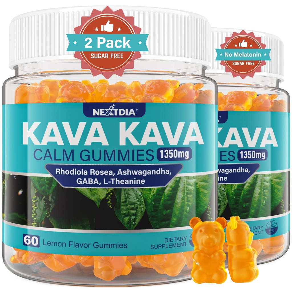 Kava Kava Gumies, Sugar Free Calm Gumies w/Rhodiola Rosea, Ashwagandha, L-Theanine, GABA, Melatonin-free Kava Mešanica za sprostitev, pomiritev in fokus - alternativa Kapsule v prahu Kava, Vegan 120 Ct