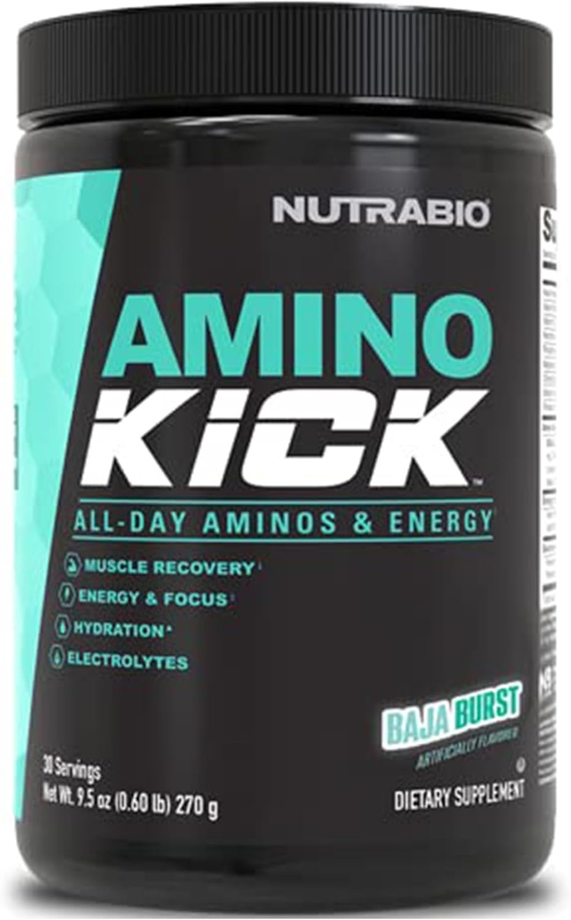 NutraBio Amino Kick – BCAA Powder z naravnim kofeinom – Aminokisline dopolnilo za energijo, hidracijo in regeneracijo – BCAA, elektroliti in aminokisline – Baja Burst, 30 Serving