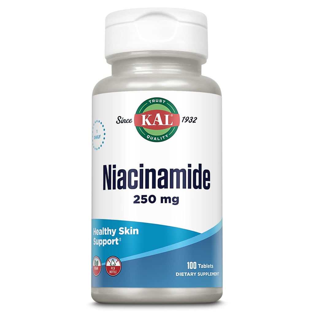 KAL Niacinamid 250 mg tablete, vitamin B3 dodatek za zdravje kože, energijska presnova, živec, cirkulacija in digescija podpora, okrepljena absorpcijska aktivTabs, Vegan, 100 Serving, 100 tablet