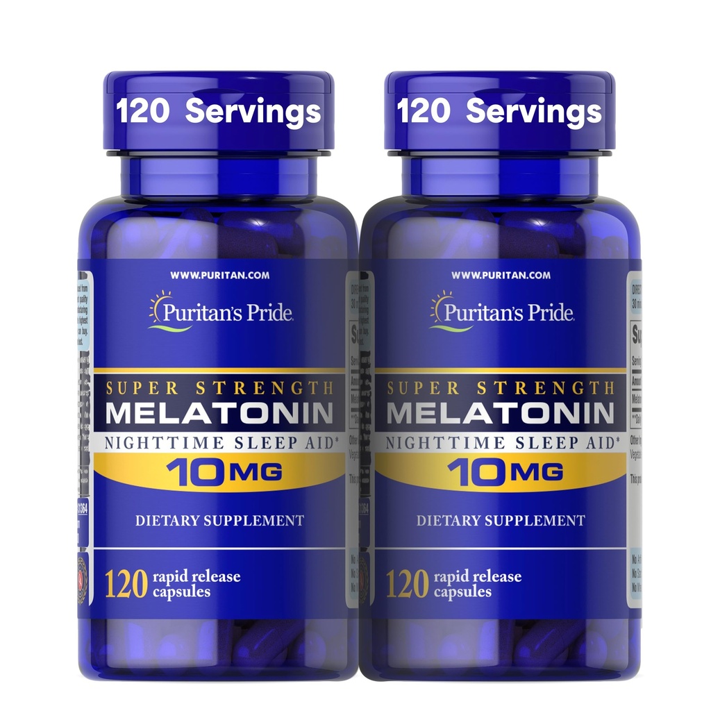 Puritan's Pride Premium Super Jakost Melatonin 10mg Pomoč za spanje, Prehranska dopolnila za zvok, Pomirjujoče, & Daljše spanje podpora, 4 mesečni zaloge, 120 kapsul za hitro sproščanje, 2 paketa (Packaging May Vary)