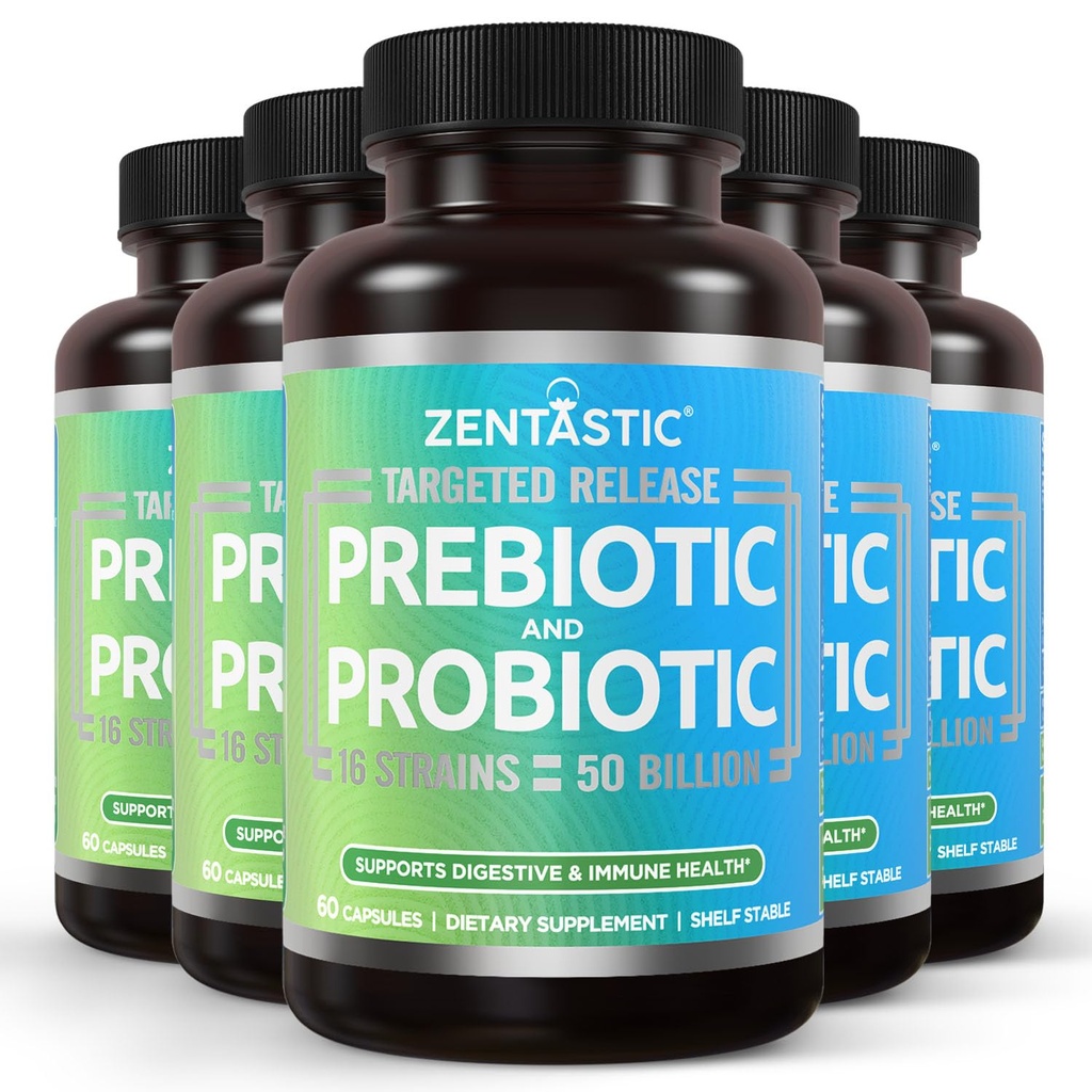 Zentastični probiotiki in prebiotiki dodatek - 50 milijard CFU - za moške in ženske Imunsko in prebavno zdravje - 16 sevi - Rokavice Stable - 300 Zapoznelo sproščanje Veggie kapsule