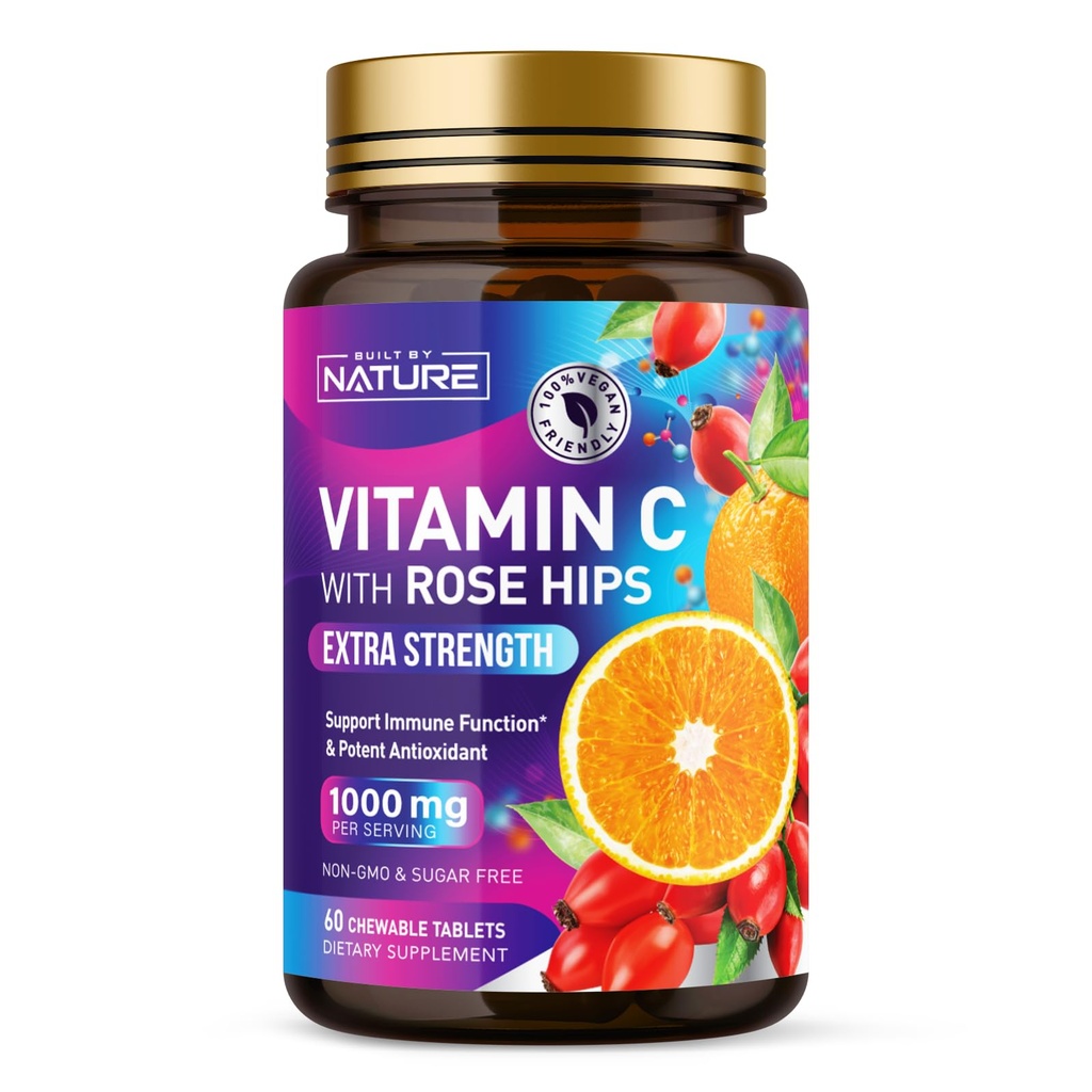 Zgrajen z naravo žvečljivi vitamin C z Rose HIPS - 1000mg Imunska podpora dodatek - Non-GMO, Gluten-free, Vegan - Močen antioksidant za energijo & kolagen Boost - Orange Flavor – 60 tablet