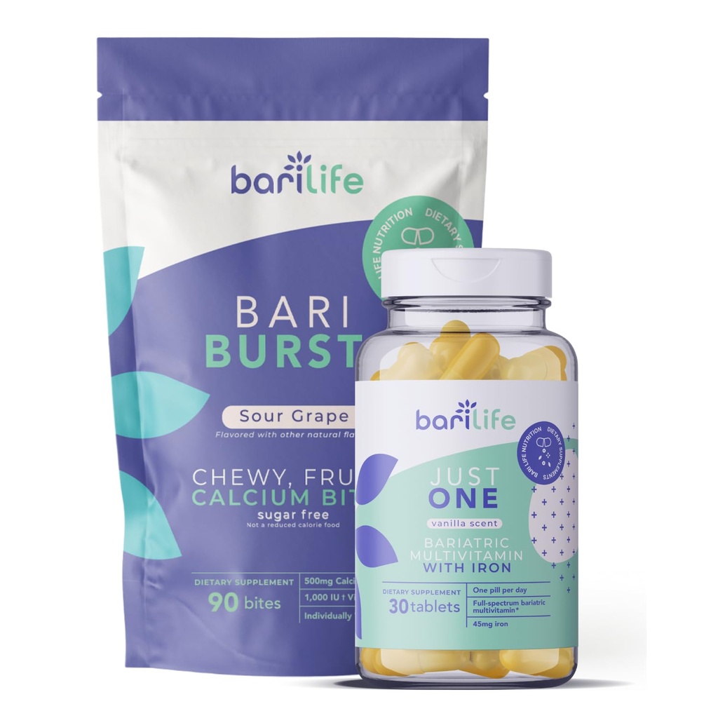 Bari Life Just One, Enkrat dnevno Bariatrični multivitamin z železom (30 tablet) in BariBurst Kalcijev citrat Mehki žveči za želodčni obvod, Gastrični rokav in Duodenalni preklop (surovo grozdje)