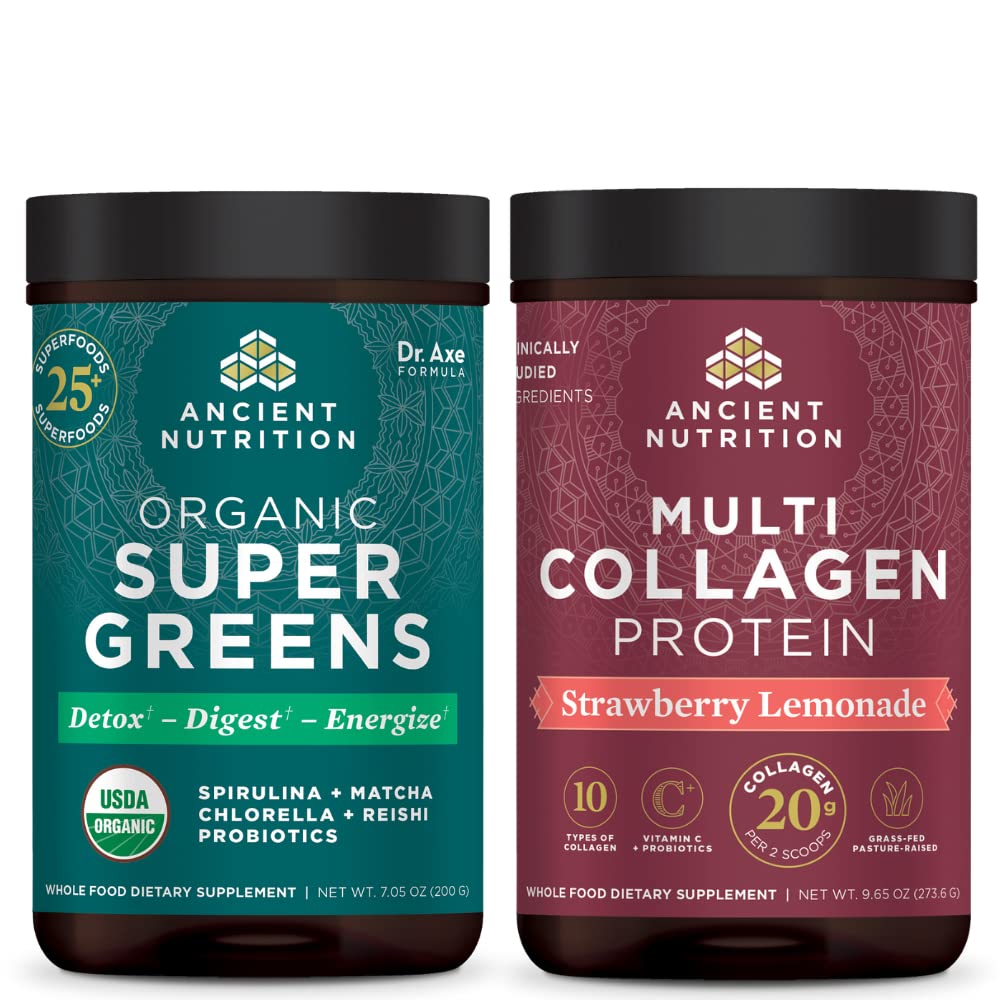 Ancient Nutrition Organic Supergreens Powder, Greens Flavor, 25 Servings + Multi colagen Protein Powder, Jagodna limonada, 24 Serving
