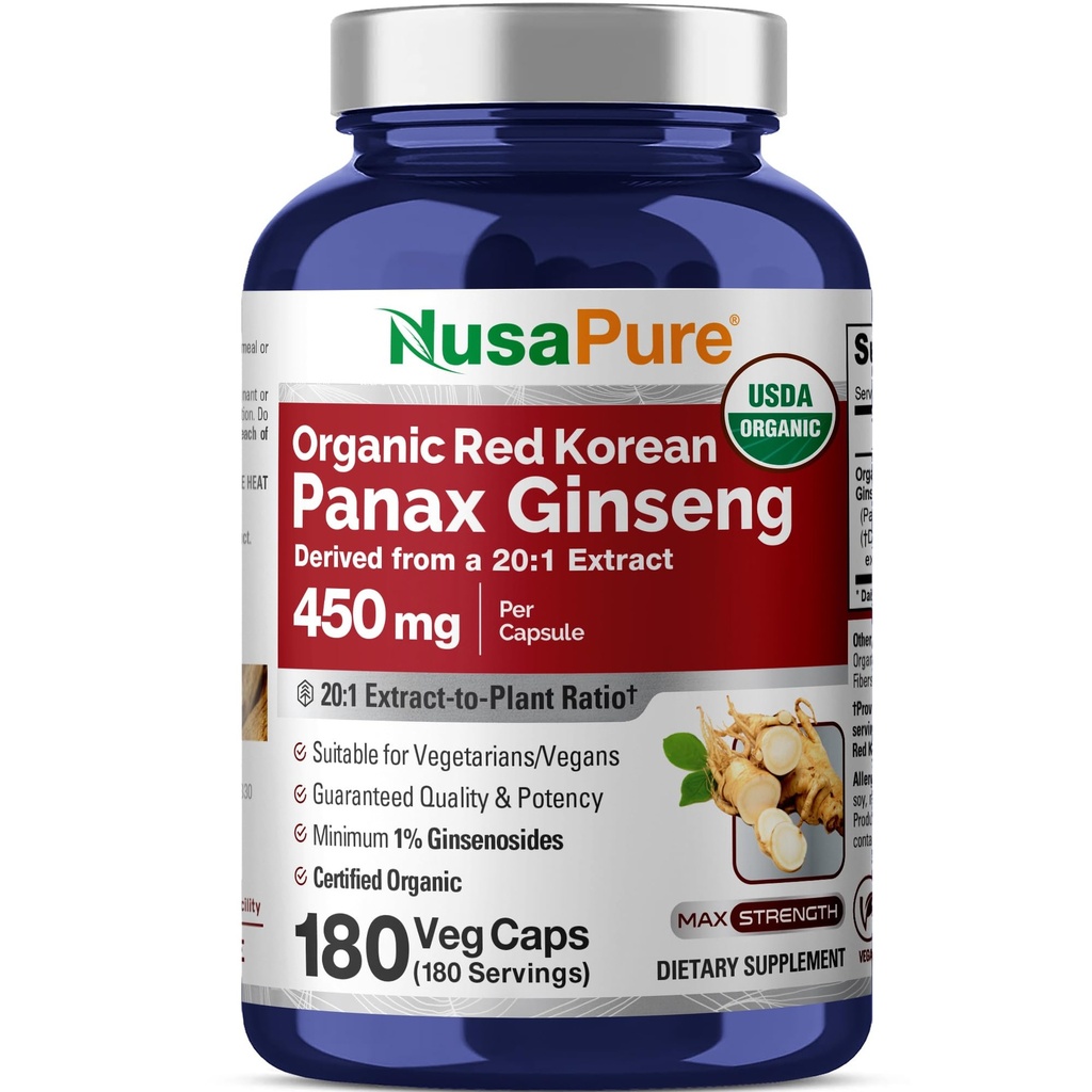 NusaPure Red Korean Panax Ginseng 20:1 Extract, 450 mg enakovredno 9.000 mg 180 Veggie Caps (USDA Organic, Non-GMO, Vegan, Vegetarian, Bioperine)