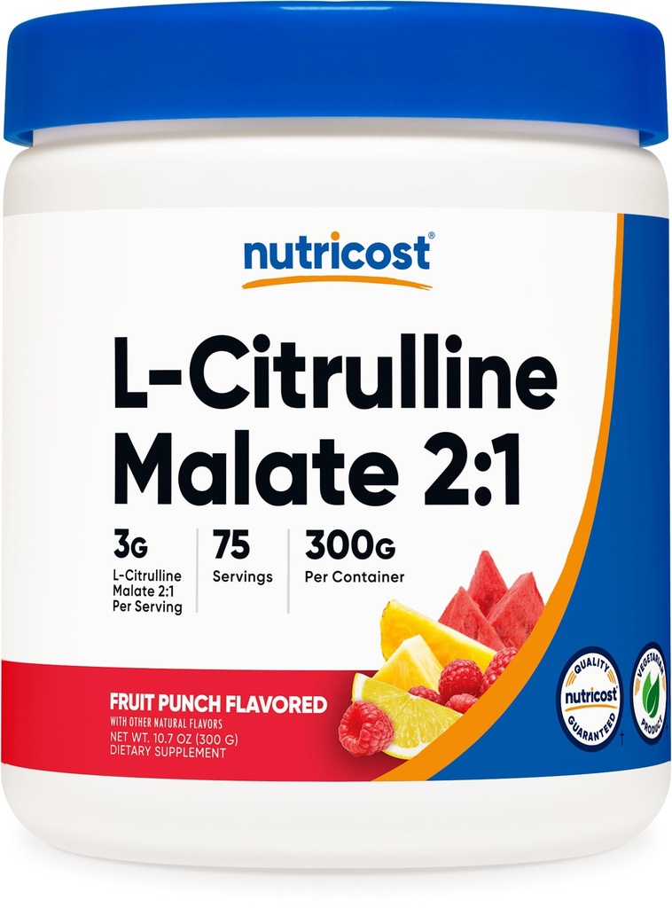 Nutricost L-citrulin malat 2:1 (300g) sadni punch - podpora za vadbo, mišična zmogljivost, obnova dušikovega oksida - dodatek za fitnes, 75 Serving