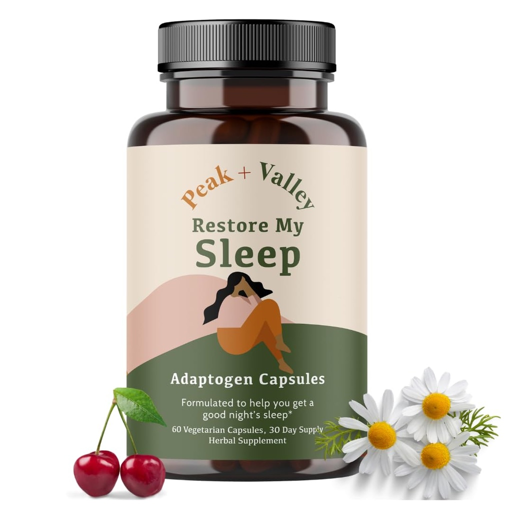 Vrh + Dolina Naravna pomoč v spanju za odrasle - 60 Kapsule za globoko spanje - 3 mg Melatonin, L Theanine, Kamilica, Ashwagandha - Naravne zeliščne uspavalne tablete - Dodatna moč Umirjanje Pomoč v spanju