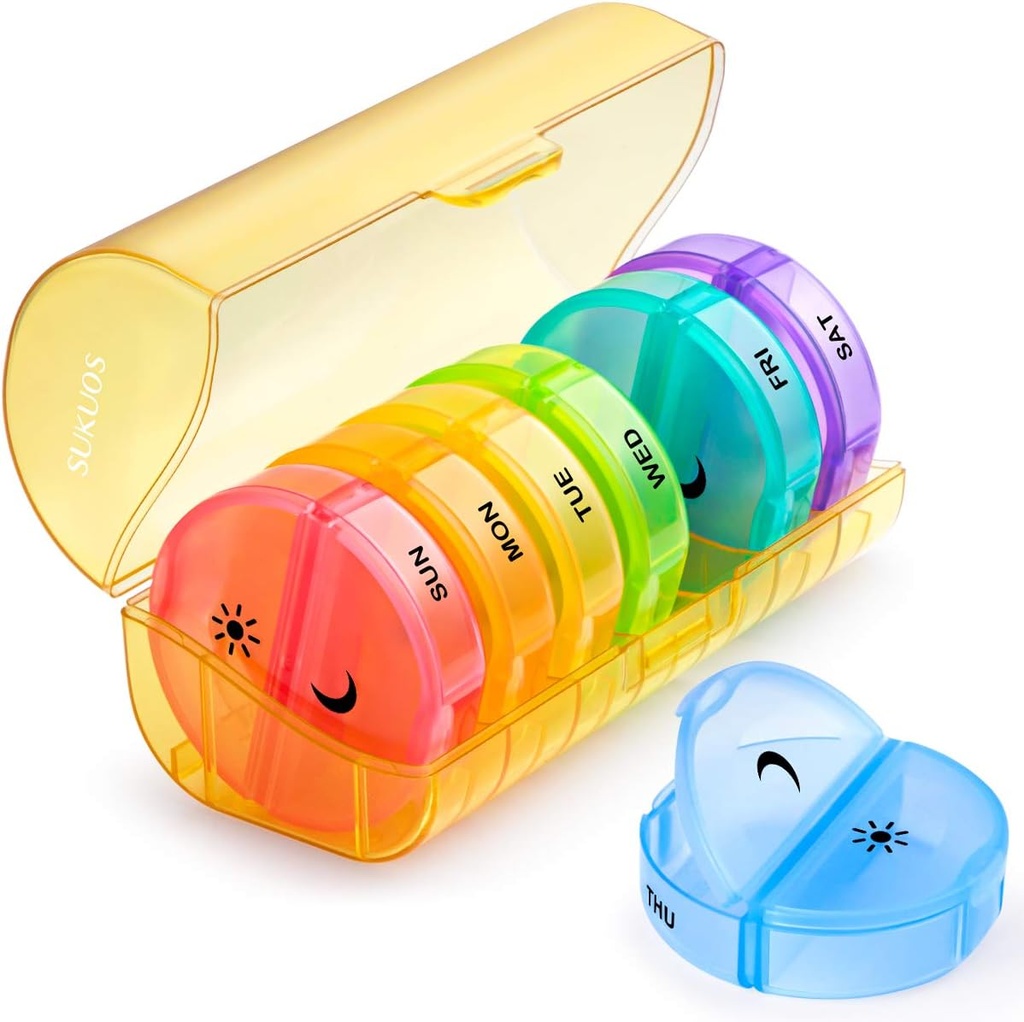 Sukuos velike tedenske tablete Organizator 2 krat na dan, Daily Pill Box 7 dan Enostaven za odpiranje z dvojno zaščito, AM PM tablete Primer za medicino/vitamin/ribje olje/dodatki (Yellow)