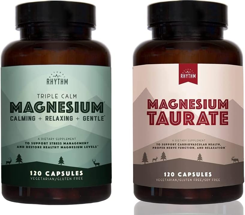Naravni ritem dan & noč paket - Trojni mirni magnezij 150mg, 120 Kapsule + Magnezij Taurat 750mg (150mg elementarnega magnezija) 120 Kapsule