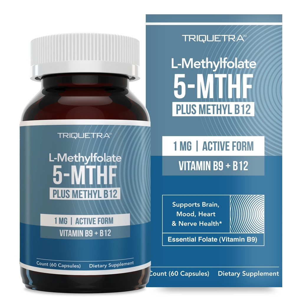 L Metil Folate 1000 μg Plus metil B12 Cofactor – Active 5-MTHF Form - podpira Mood, Metilation, Kognition – visoko biološko dostopne bioaktivne oblike vitamina B9 & B12 (60 kapsul – 60 servingov)