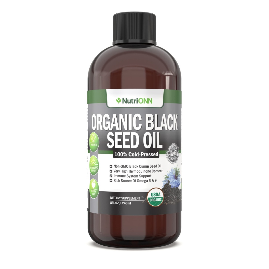 Olje ekološkega črnega semena - USDA Certified Organic Cumin Seed Oil Tekoča – Visoka vsebnost timokinona – Ne-GMO in hladno-prezirana – Bogat vir maščobnih kislin Omega-6 in Omega-9 - 8 Oz